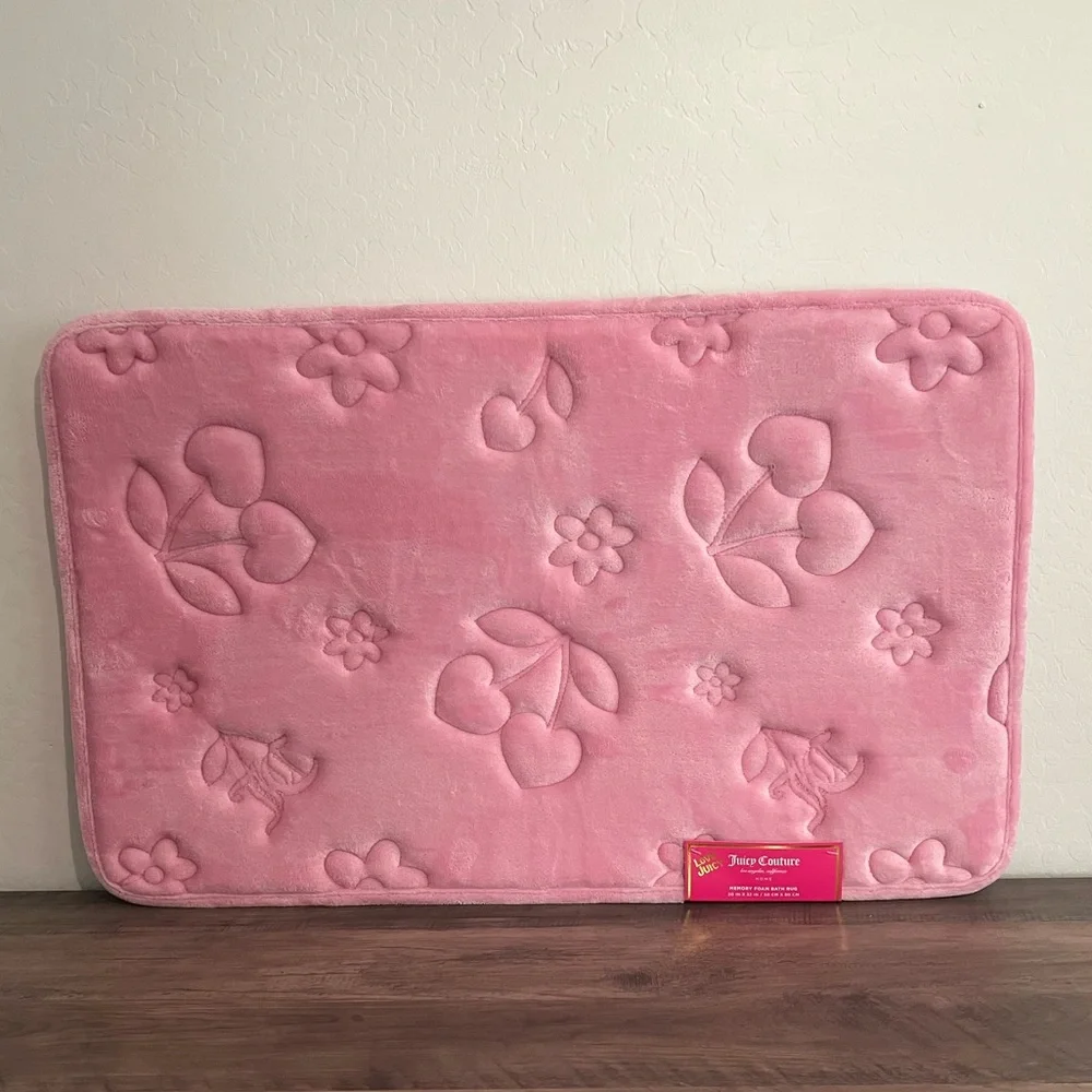 Juicy Couture Cherry Hearts Pink Floral Print Embossed Memory Foam Bath Mat